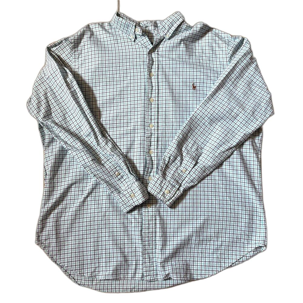 Ralph Lauren‎ Plaid Button Down Shirt Blue Turquoise Cotton Small Pony Size XLT